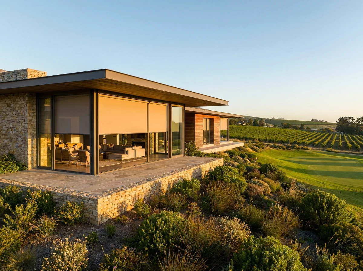 Contemporary home on a golf and wine estate in De Zalze, wide glass wall facing the fairway and vineyard rows