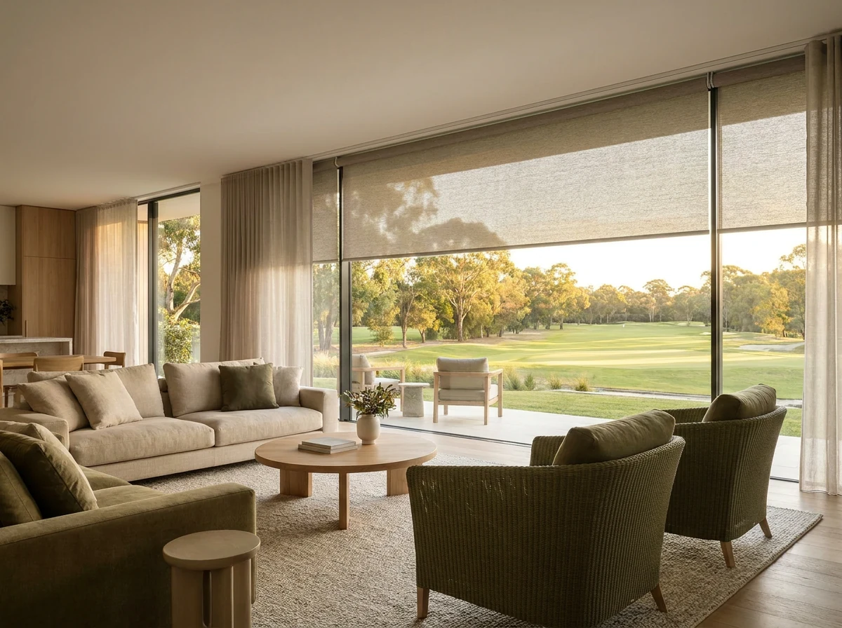 Open-plan living room in a De Zalze golf estate home, motorised roller blind on wide glass facing the fairway