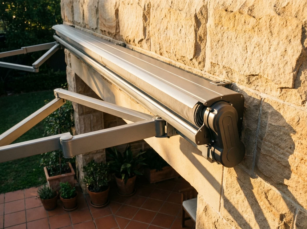 Close-up of a folding-arm awning cassette and arm mechanism mounted above a patio