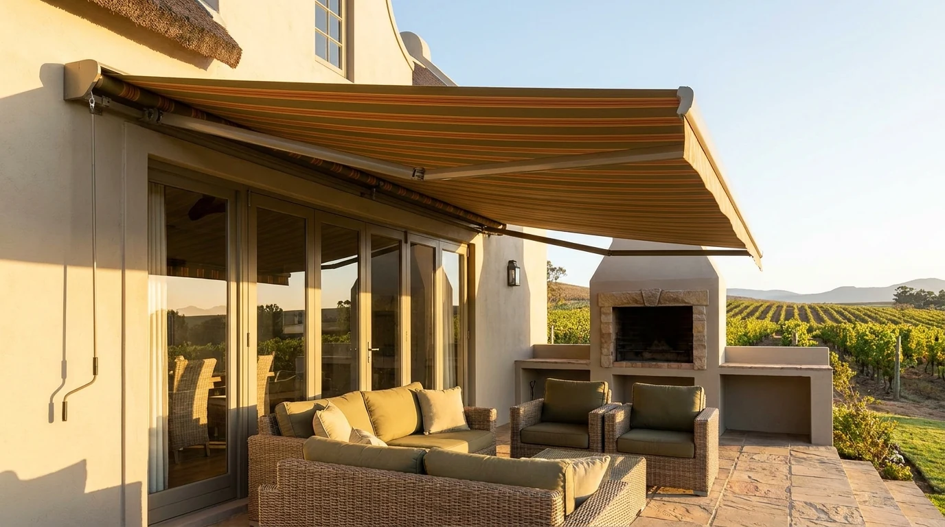Folding-arm awning extended over a stone patio at a Stellenbosch home, shading outdoor seating with vineyard rows beyond