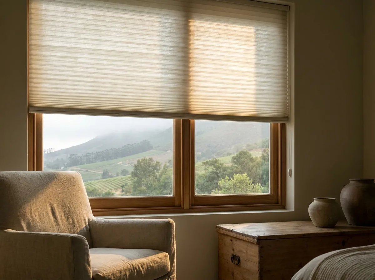 A honeycomb cellular blind lowered over a timber-framed bedroom window in Stellenbosch, soft light glowing through the pleated cells, a green valley visible below