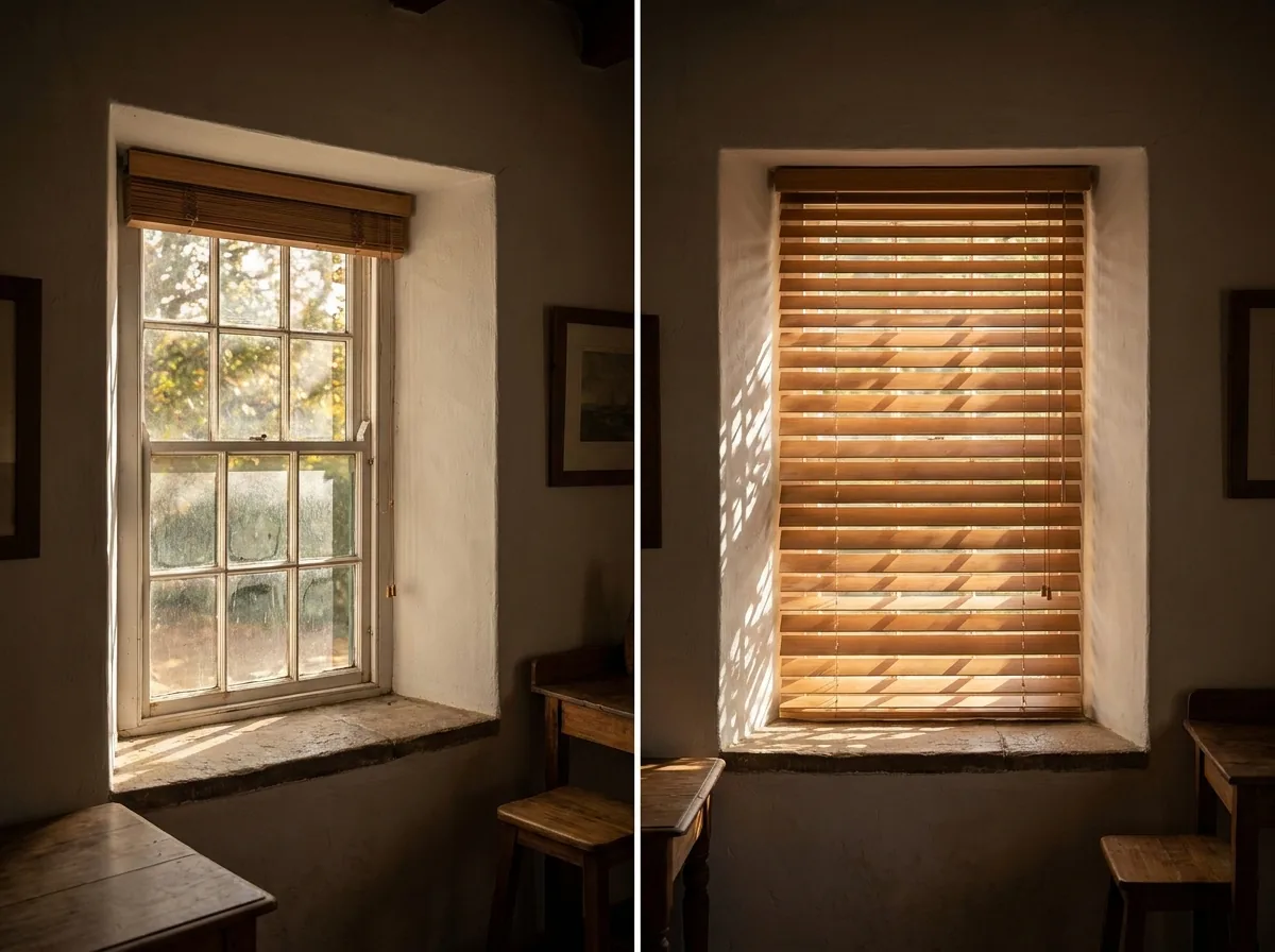 A basswood timber venetian blind in a deep-set, whitewashed Cape Dutch sash-window reveal — raised on the left, lowered and tilted casting slat shadows on the right