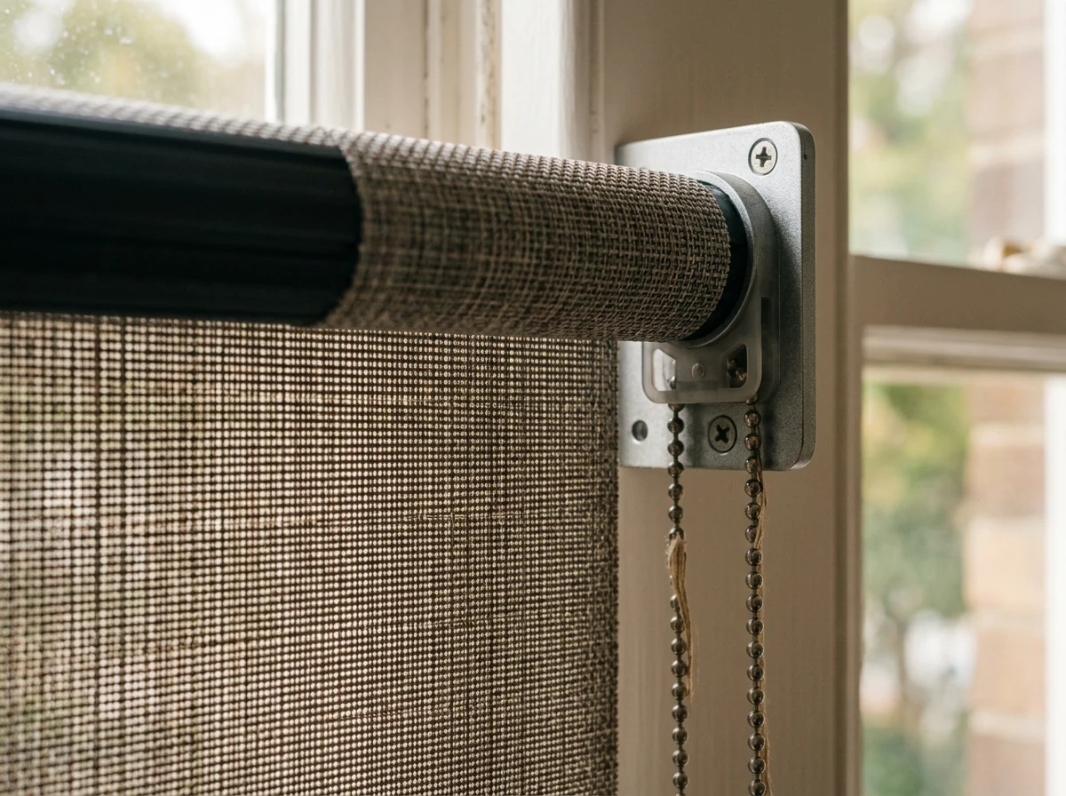 Close-up of sunscreen roller blind fabric texture and bracket hardware in stone and rust tones