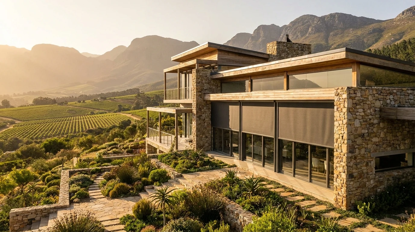 Hillside home in Paradyskloof with a sweeping valley view over vineyards, glass doors fitted with motorised sunscreen roller blinds