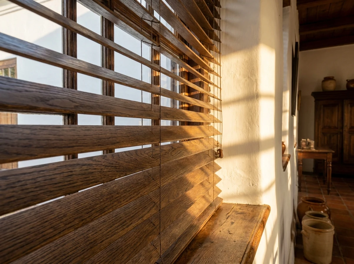 Timber venetian blind slats tilted open, filtering warm afternoon light across a Cape Dutch style room