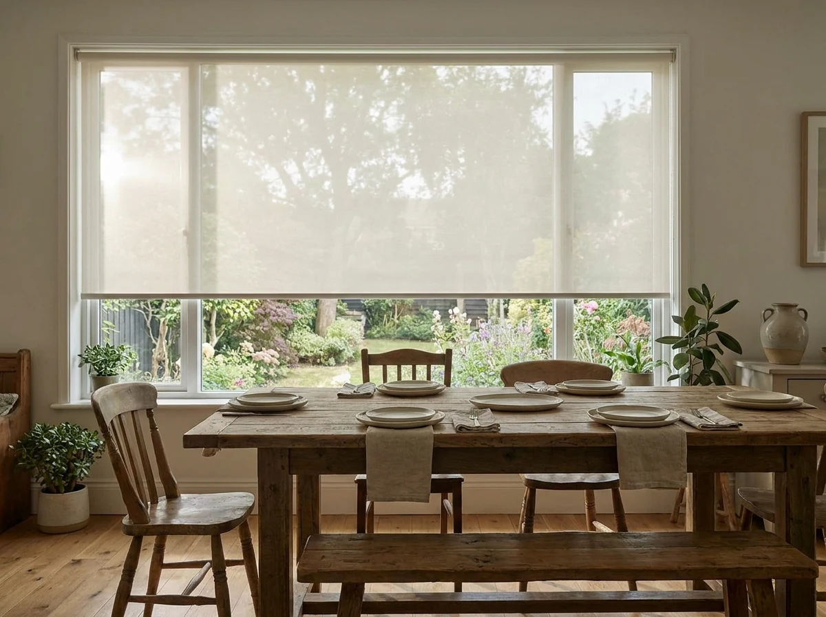 Family dining room in Welgevonden with a roller blind filtering soft daylight and a mature garden view