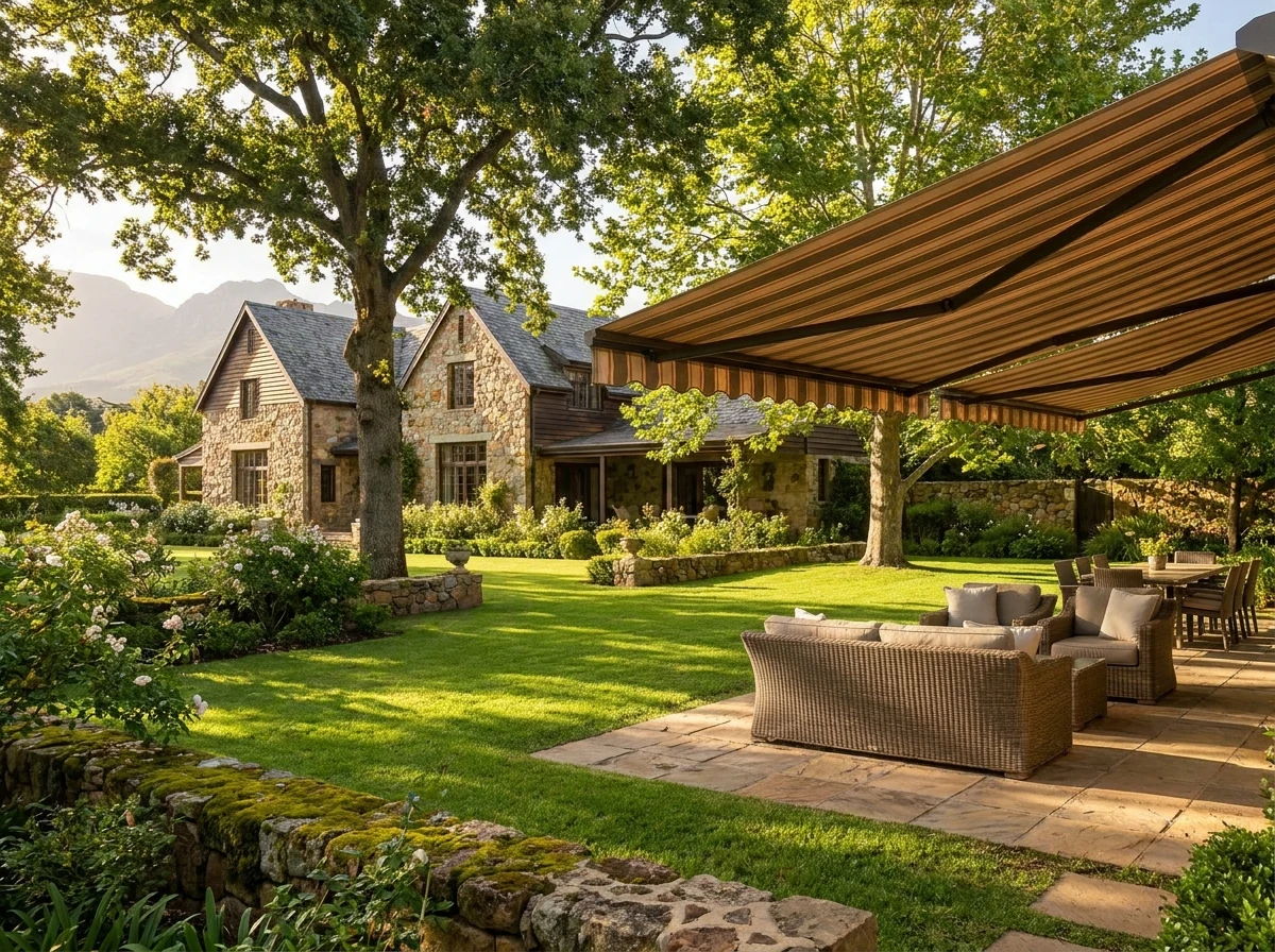 Established family home in a leafy Welgevonden garden estate, patio with a folding-arm awning over entertaining furniture