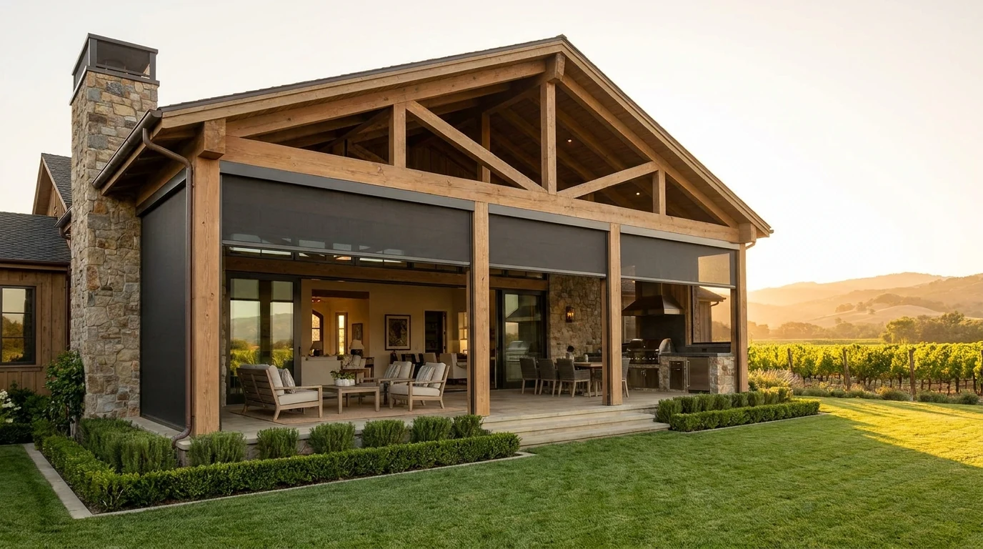 Winelands estate patio fitted with zip-track outdoor screens, wide glass sliding doors onto a manicured garden