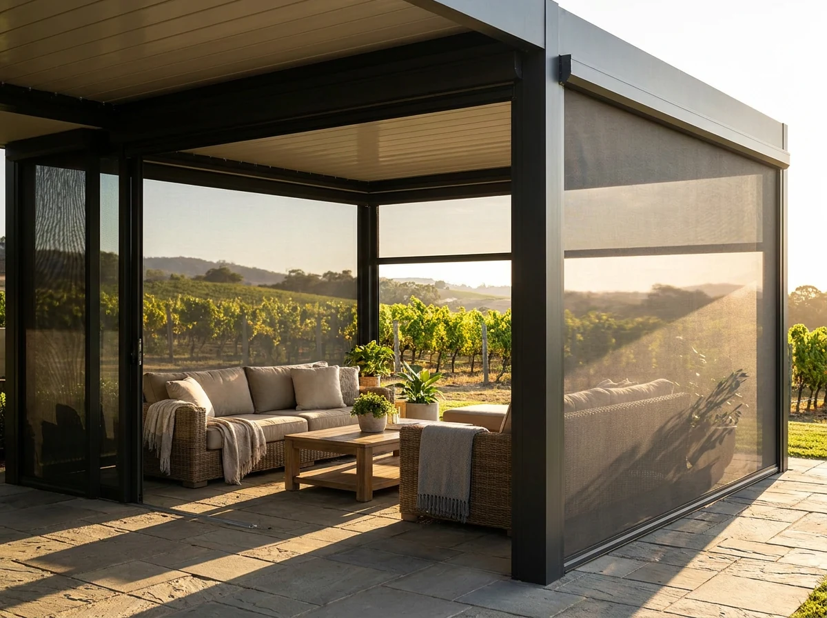 Outdoor patio room enclosed with zip-track screens partially open, vineyard view beyond